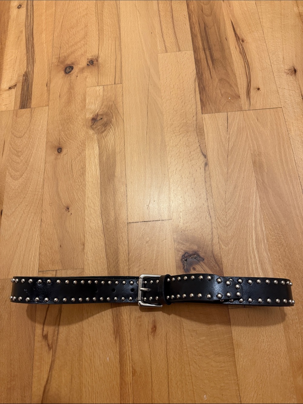Black Studded Genuine Leather Belt with Silver Buckle Nine West